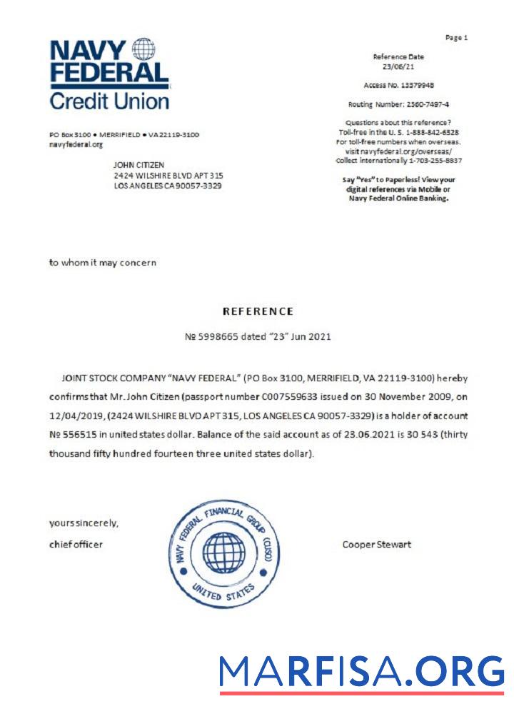 Downloadable USA Navy Federal reference sample